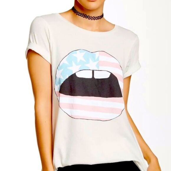 Wildfox Womens White American Flag Lips Graphic Print Oversized T Shirt Size M - Picture 5 of 6